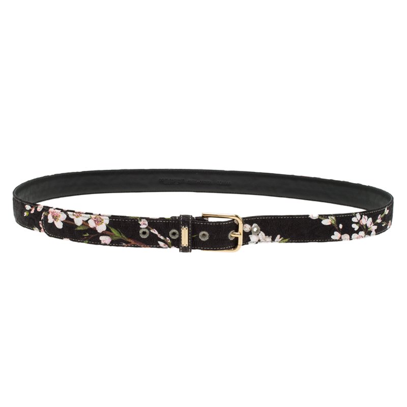 Pre Owned Dolce and Gabbana Black Floral Brocade Belt Size 90CM