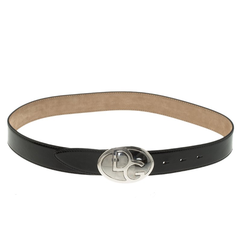 Pre Owned Dolce and Gabbana Black Patent Logo Buckle Belt Size 80 CM