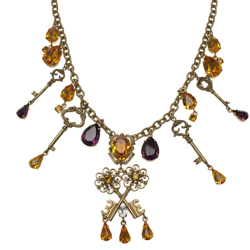 Pre Owned Dolce and Gabbana Medieval Key Crystal Studded Gold Tone Necklace