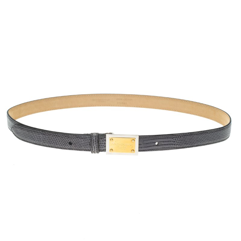Pre Owned Dolce and Gabbana Grey Lizard Embossed Leather Logo Plaque Belt 80CM