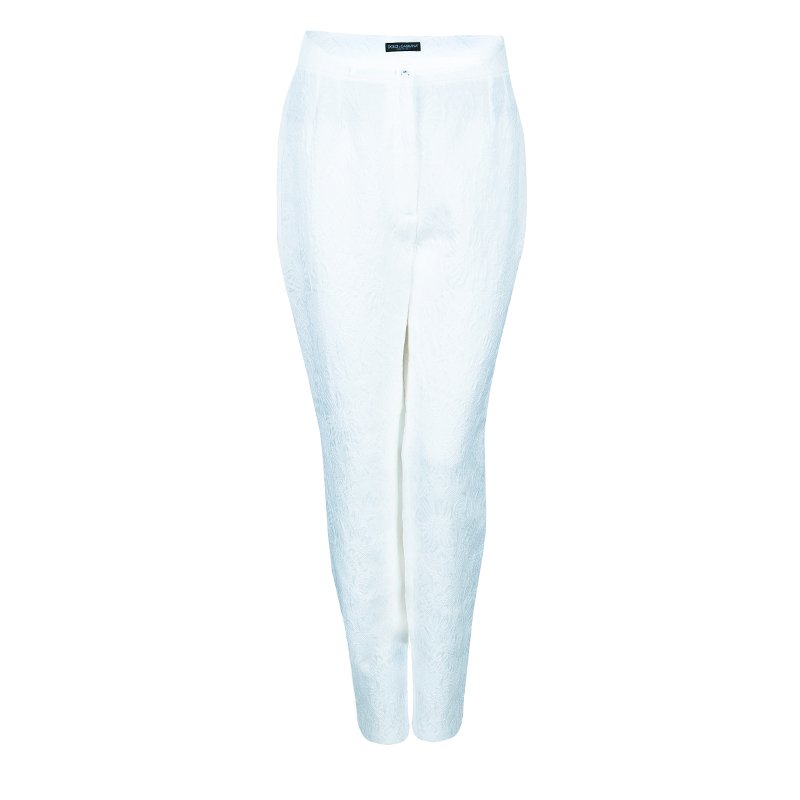 Pre Owned Dolce and Gabbana White Jacquard Print Trousers L