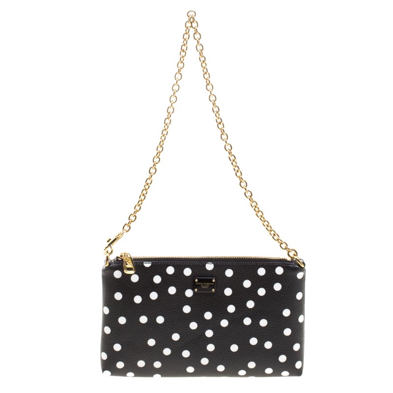 Pre Owned حقيبة كلاتش دولتشي أند غابانا سلسلة جلد تنقيط بولكا بيضاء/ سوداء
