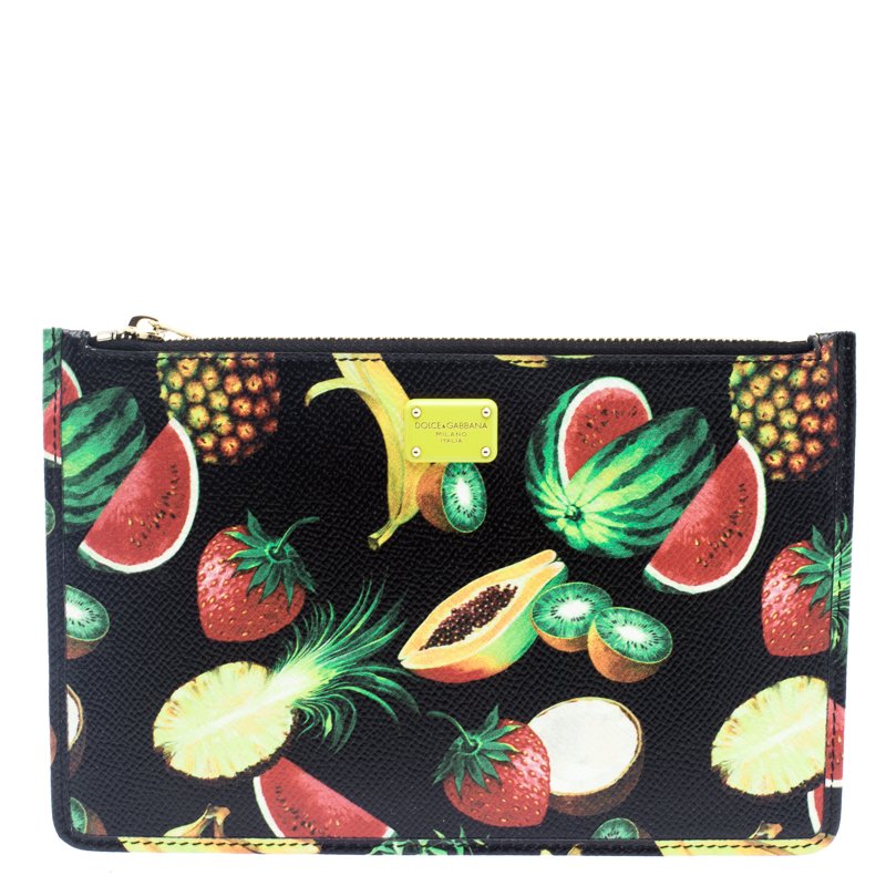 Pre Owned Dolce and Gabbana Black Fruit Print Leather Clutch
