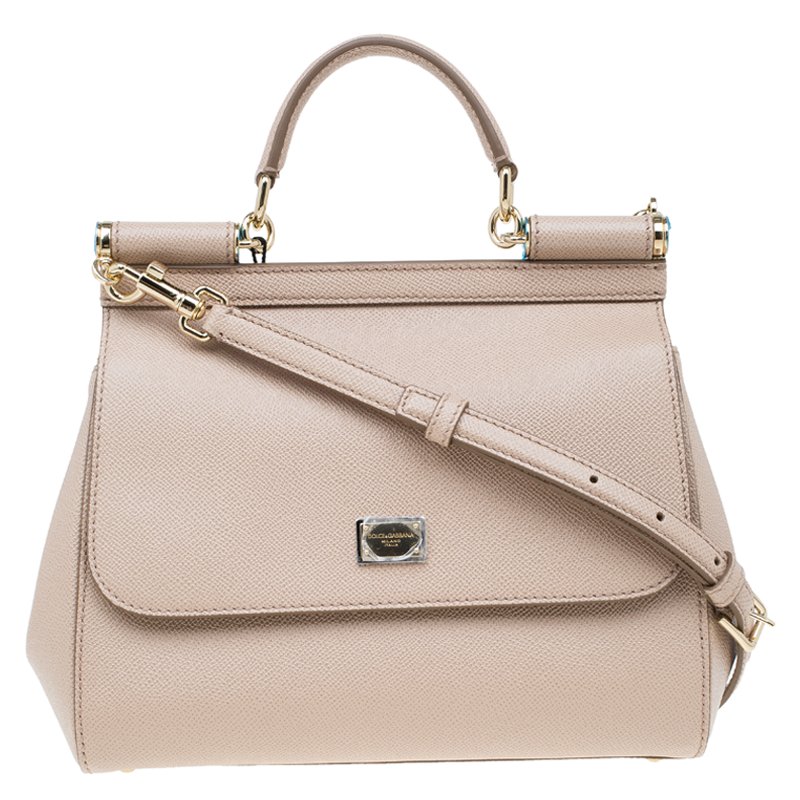 Pre Owned Dolce and Gabbana Nude Leather Medium Miss Sicily Top Handle Bag
