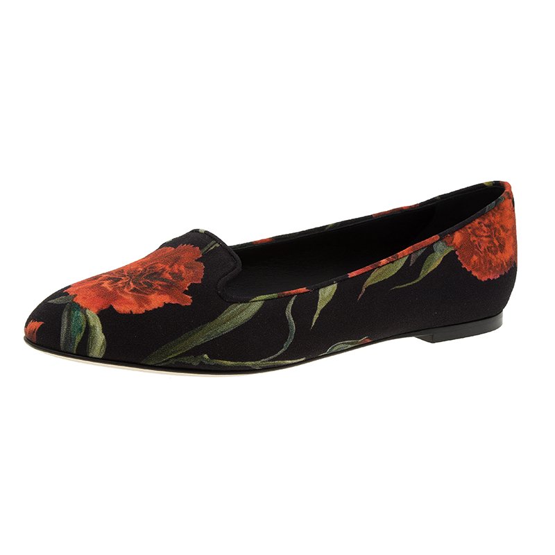 Pre Owned Dolce and Gabbana Black Carnation Print Smoking Slippers Size 38