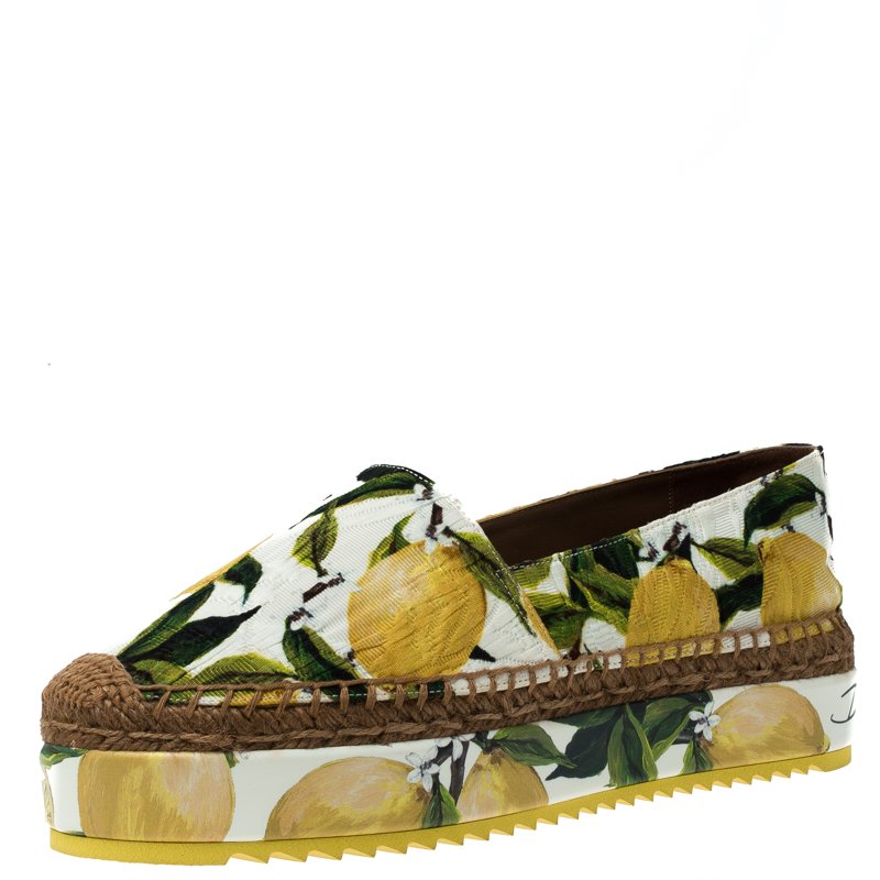 Pre Owned Dolce and Gabbana Multicolor Lemon Print Fabric Platform Espadrilles Size 38
