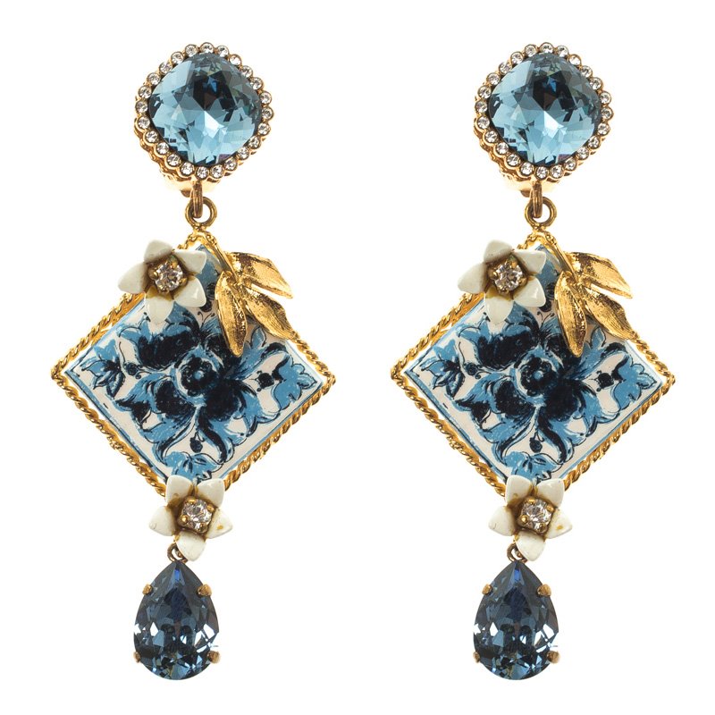 Pre Owned Dolce and Gabbana Blue Resin Tile Flower Gold Tone Clip-on Long Earrings 