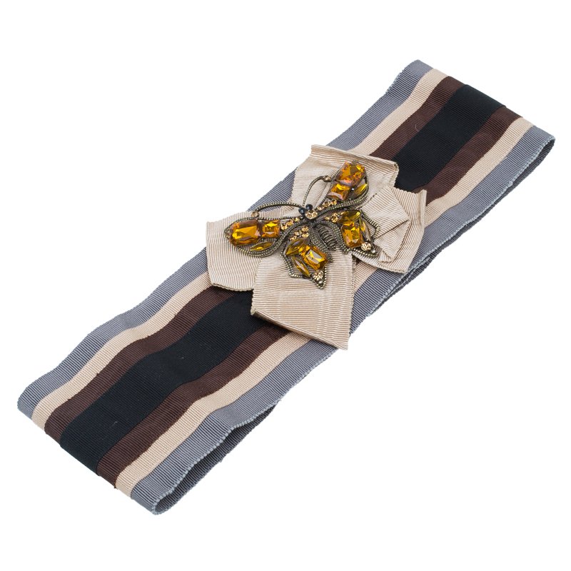 Pre Owned حزام وسط دولتشي أند غابانا حرير بني مضلع فراشة مزخرفة مقاس 38