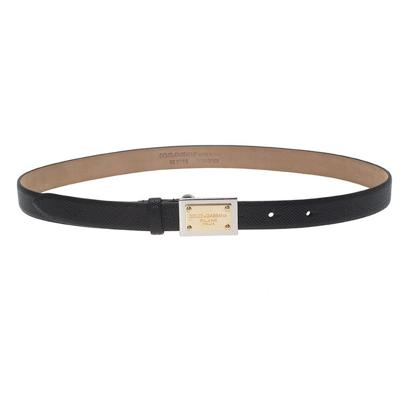 مملوكة مسبقًا Dolce and Gabbana Black Logo Plaque Skinny Belt 70 CM