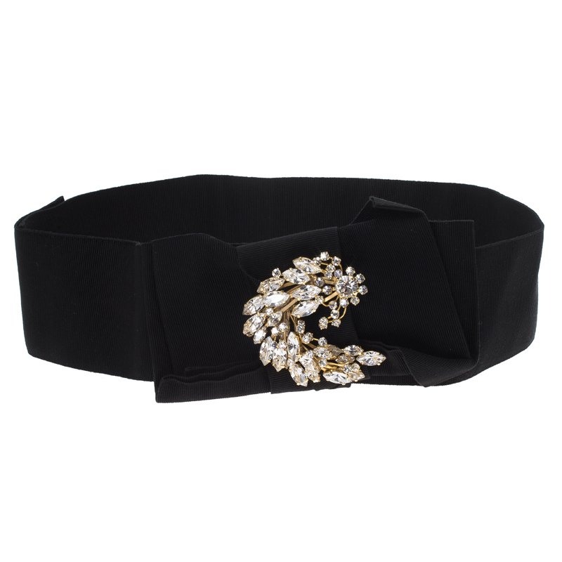 Pre Owned Dolce and Gabbana Black Grosgrain Crystal Bow Waist Belt Size 38