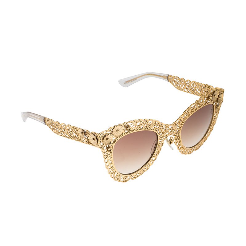 Pre Owned Dolce and Gabbana Gold Filigree Cat Eye Sunglasses