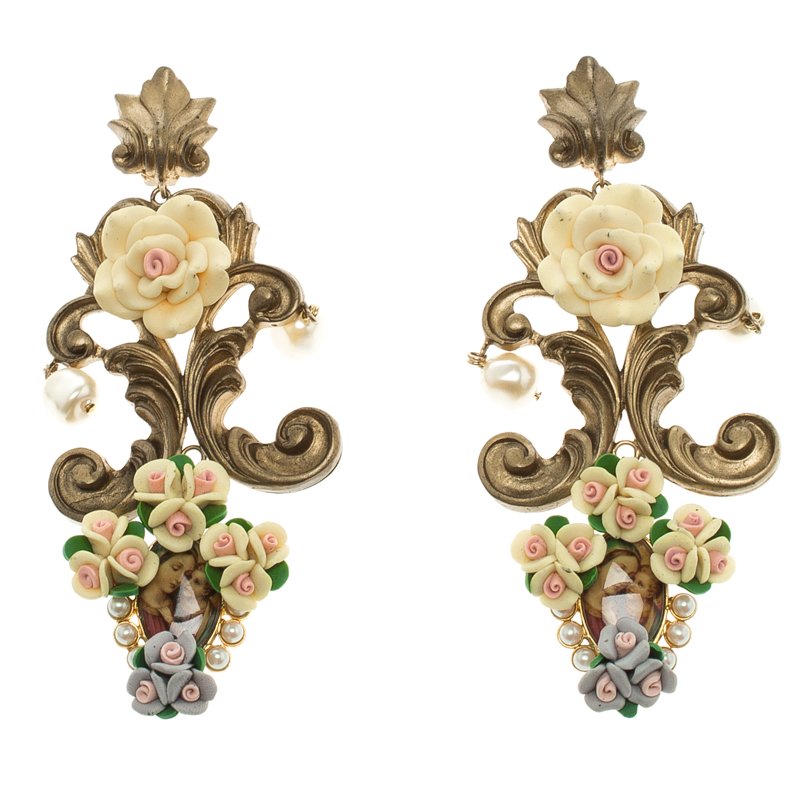 Dolce and Gabbana Pastel Baroque Floral Ornaments Faux Pearl Cameo Clip-on Chandelier Earrings