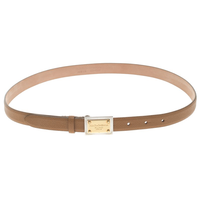 مملوكة مسبقًا Dolce and Gabbana Brown Leather Logo Plaque Skinny Belt 80 CM