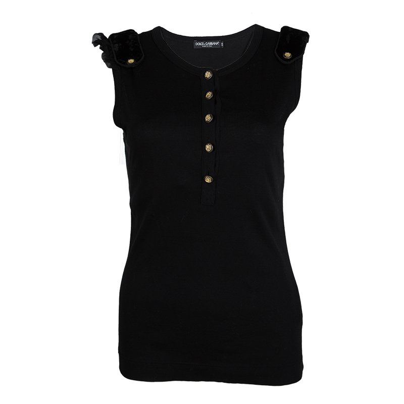 Pre Owned Dolce and Gabbana Black Cotton Velvet Epaulette Detail Sleeveless Top M