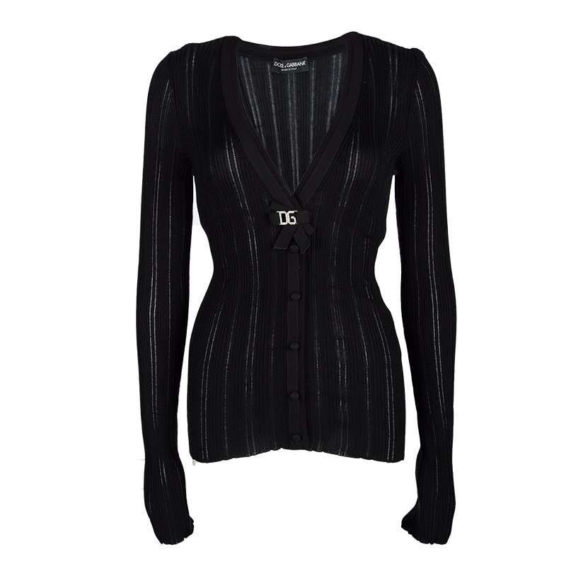 Pre Owned Dolce and Gabbana Black Rib Knit Logo Bow Detail Cardigan M
