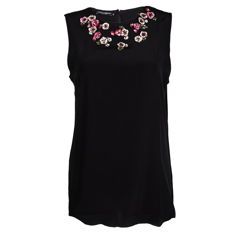 Pre Owned Dolce and Gabbana Black Silk Floral Applique Detail Sleeveless Top M