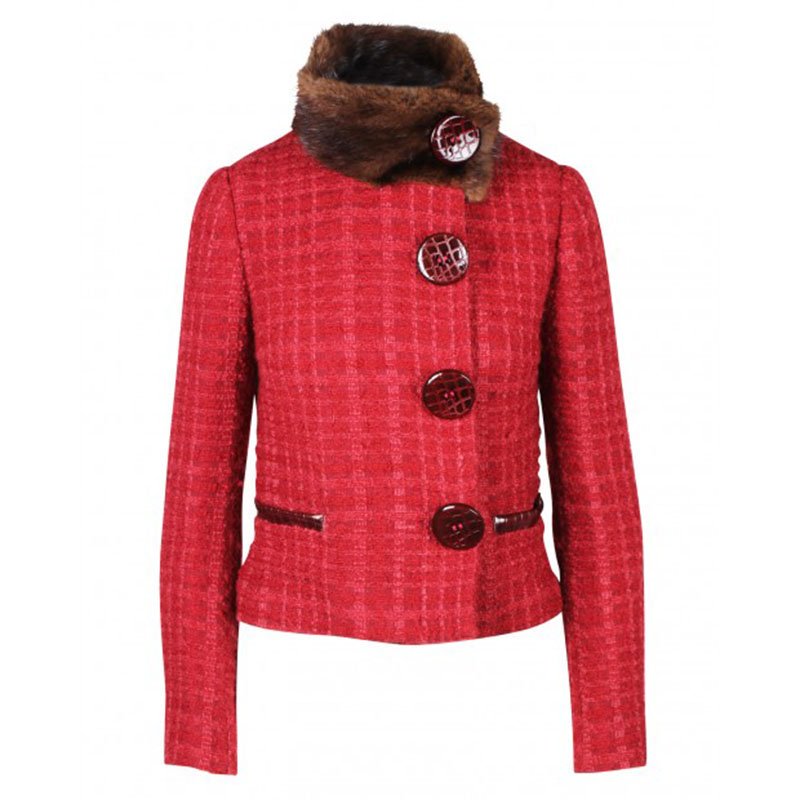 Pre Owned Dolce & Gabbana Red Asymmetric Fur Collar Tweed Jacket M