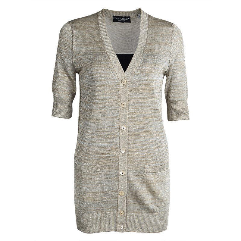 Pre Owned Dolce and Gabbana Beige Striped Lurex Knit Short Sleeve Cardigan S