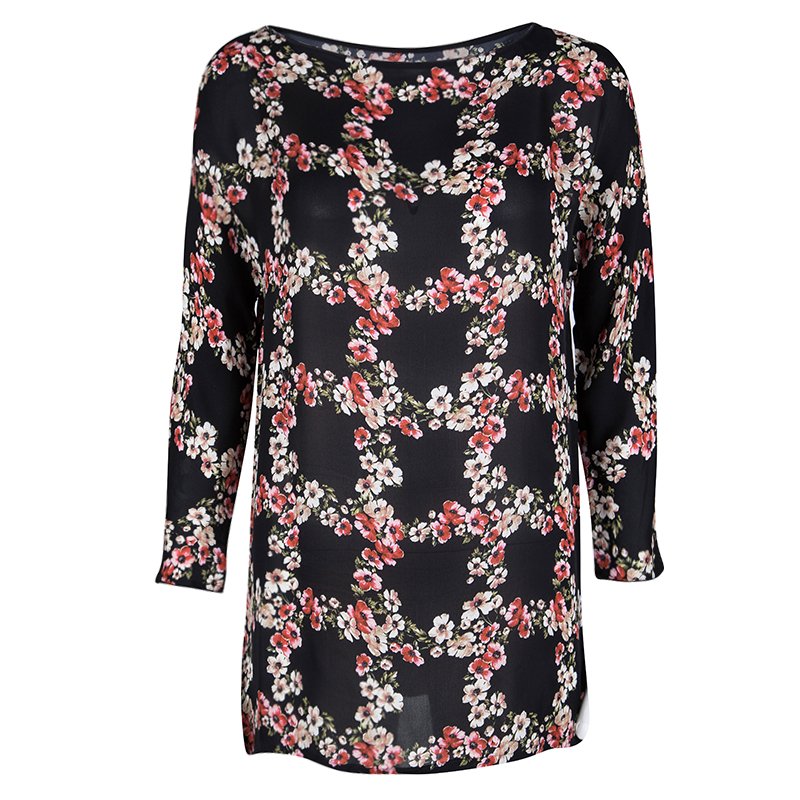 Pre Owned Dolce and Gabbana Black Floral Print Checked Pattern Silk Top S