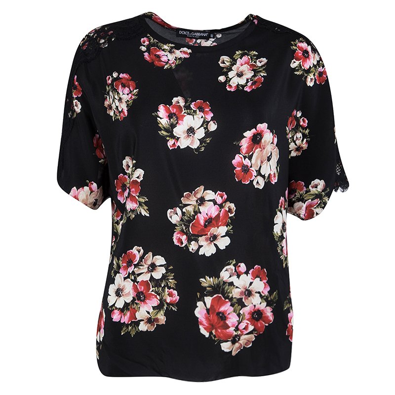 مملوكة مسبقًا توب دولتشي أند غابانا حرير مورد أسود مطبوع أكتاف دانتيل S