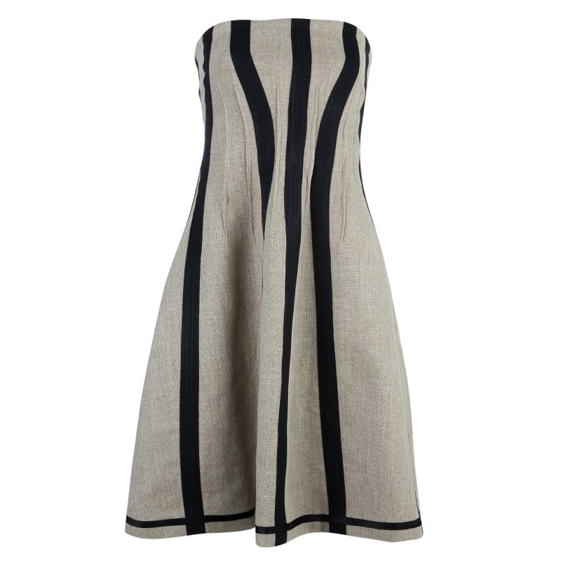 Pre Owned Dolce And Gabbana Beige Black Strapless Structured Dress M
