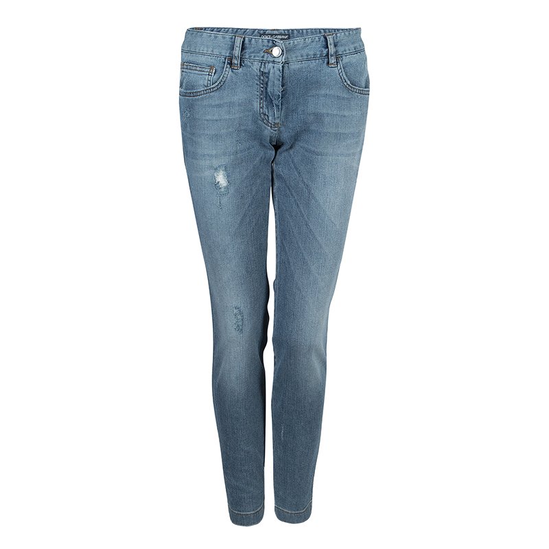 مملوكة مسبقًا Dolce and Gabbana Blue Light Wash Denim Distressed Faded Jeans M