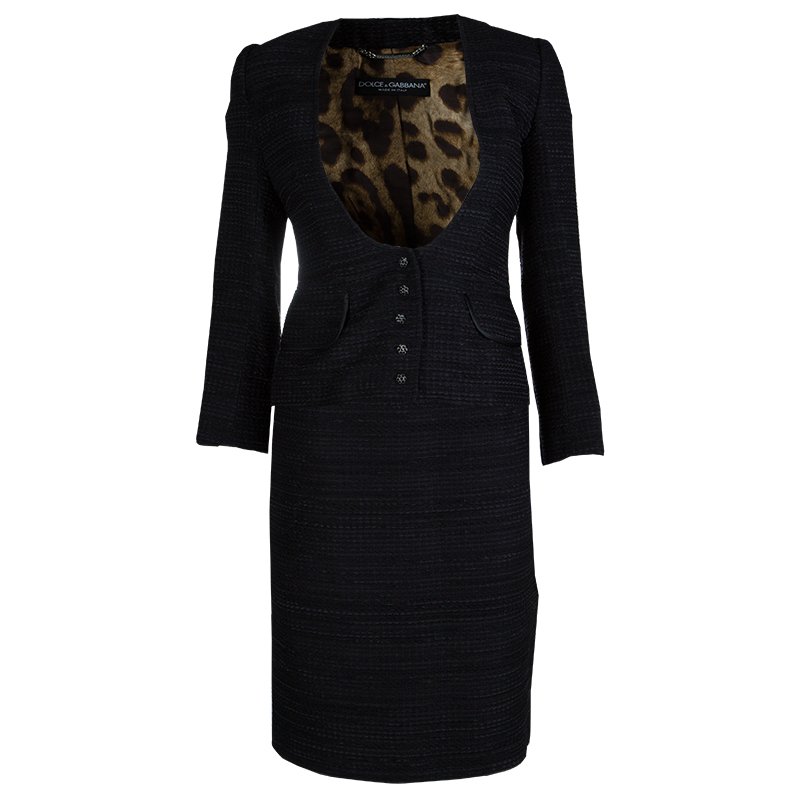 Pre Owned Dolce and Gabbana Black Textured Skirt Suit S
