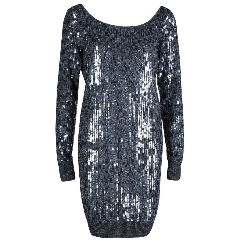 Pre Owned Dolce & Gabbana Grey Sequin Embellished Sweater Dress M