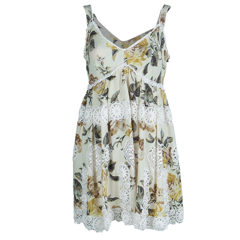Pre Owned Dolce And Gabbana Beige Floral Print Lace Insert Dress M