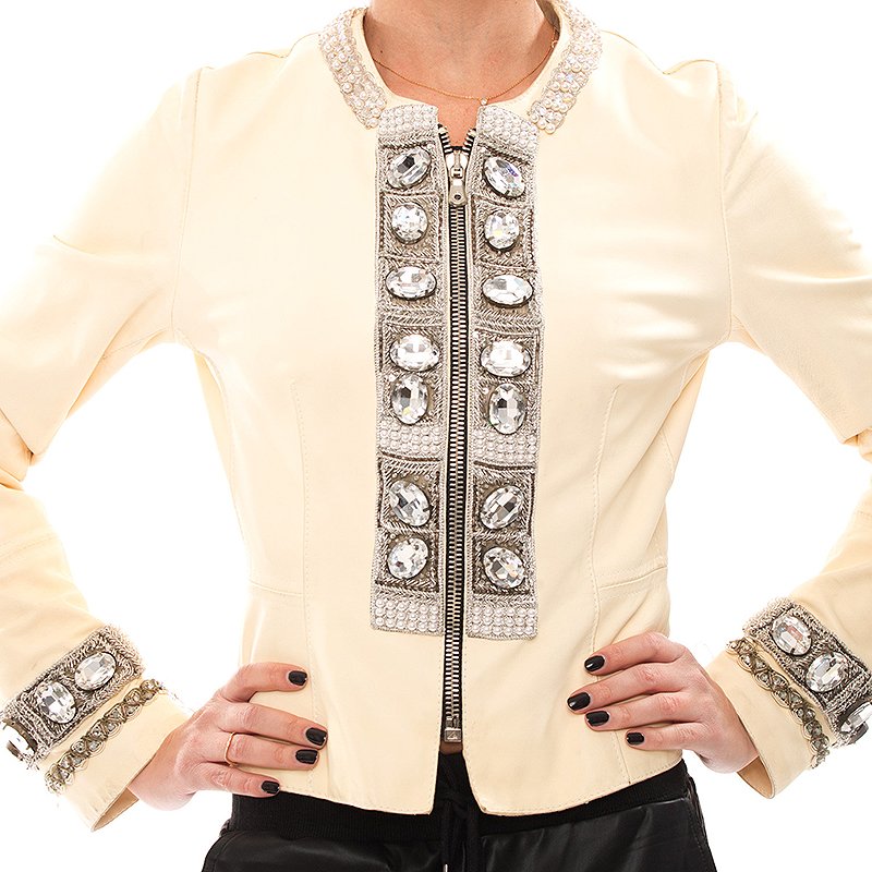 مملوكة مسبقًا جاكيت دولتشي آند غابانا جلد خروف بيج مرصع M