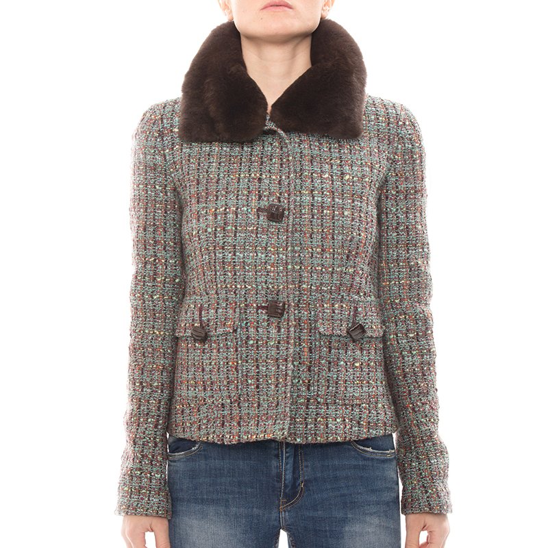 Pre Owned Dolce And Gabbana Multicolor Tweed Fur Collar Jacket M