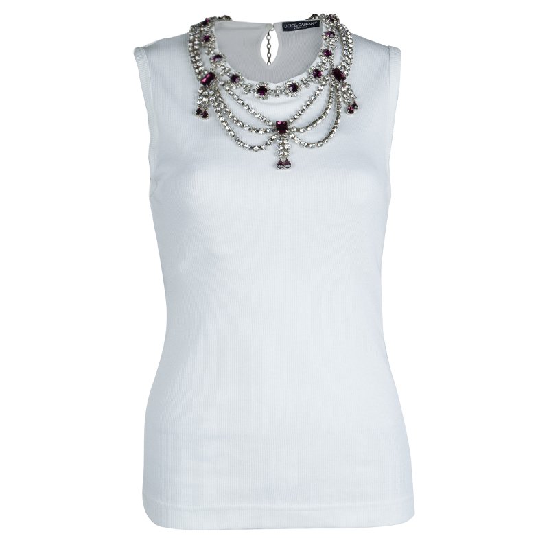 مملوكة مسبقًا Dolce and Gabbana White Rib Jersey Embellished Necklace Detail Sleeveless Tank Top M