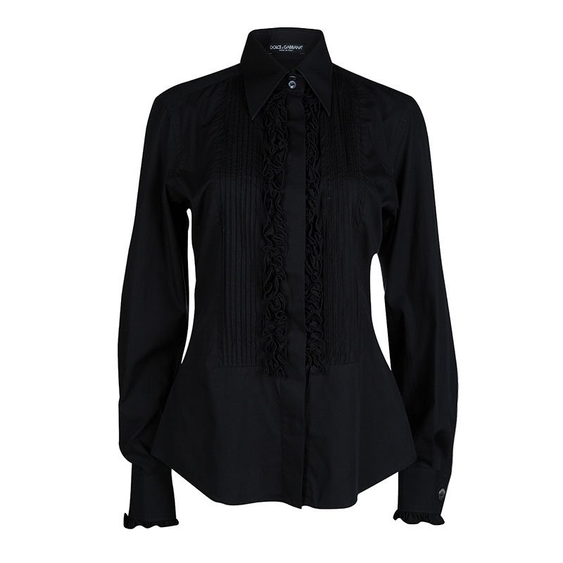 Pre Owned Dolce And Gabbana Black Pintucked Ruffle Trim Long Sleeve Buttondown Cotton Shirt L
