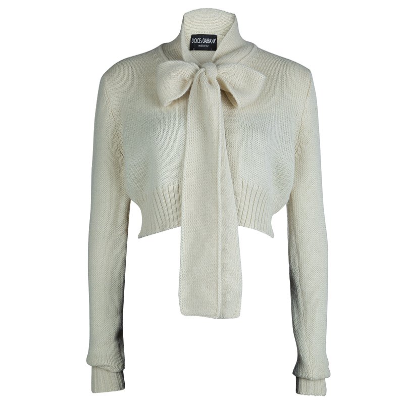Dolce and Gabbana Cream Knit Neck Tie Detail Cropped Cardigan M
