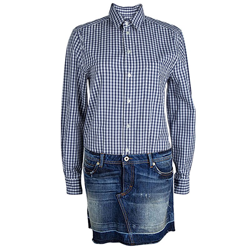 Pre Owned Dolce and Gabbana Blue Checked Cotton Shirt and Denim Skirt Combo Dress M