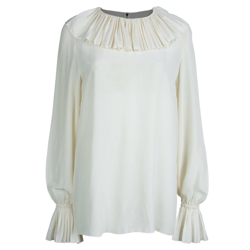 Dolce And Gabbana Cream Silk Pleated Ruffle Detail Long Sleeve Blouse XL