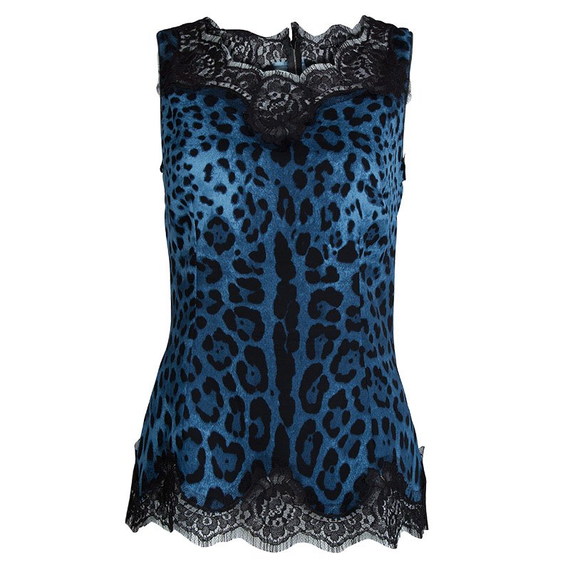 Pre Owned Dolce And Gabbana Blue Leopard Printed Silk Lace Detail Sleeveless Top M