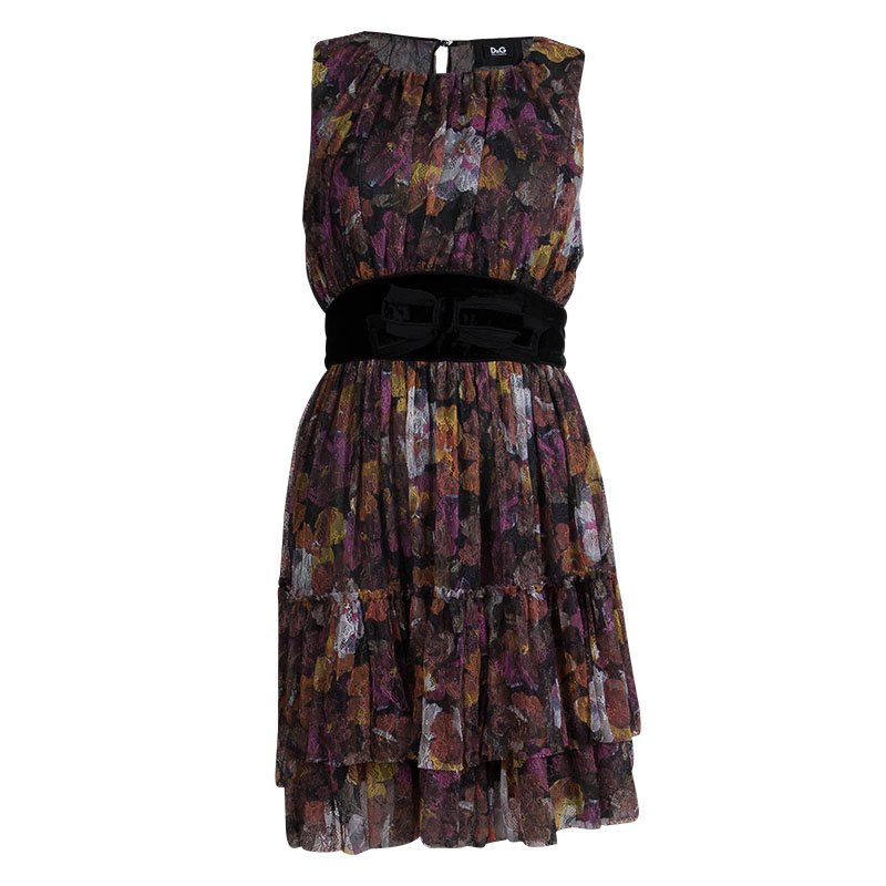 Pre Owned Dolce and Gabbana Multicolor Floral Lace Gathered Sleeveless Dress M