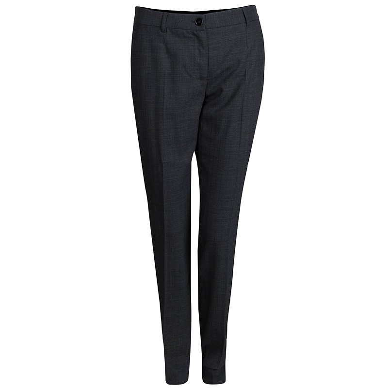 Pre Owned Dolce and Gabbana Grey Herringbone Wool Trousers S