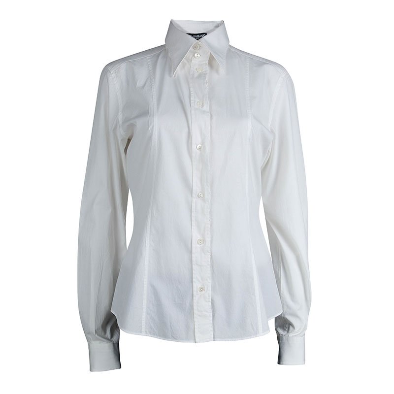 Pre Owned Dolce and Gabbana White Ruffle Detail Long Sleeve Cotton Shirt M