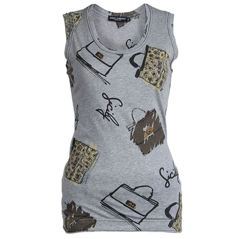 Pre Owned Dolce and Gabbana Grey Printed Jersey Sleeveless Tank Top XS