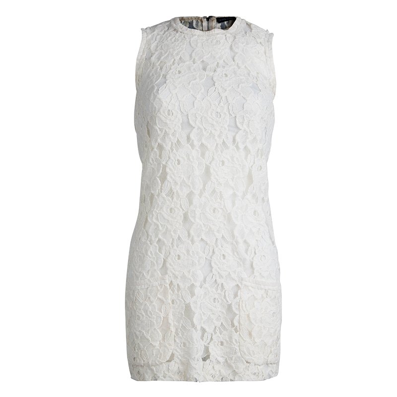 Pre Owned Dolce and Gabbana Cream Floral Lace Sleeveless Dress S