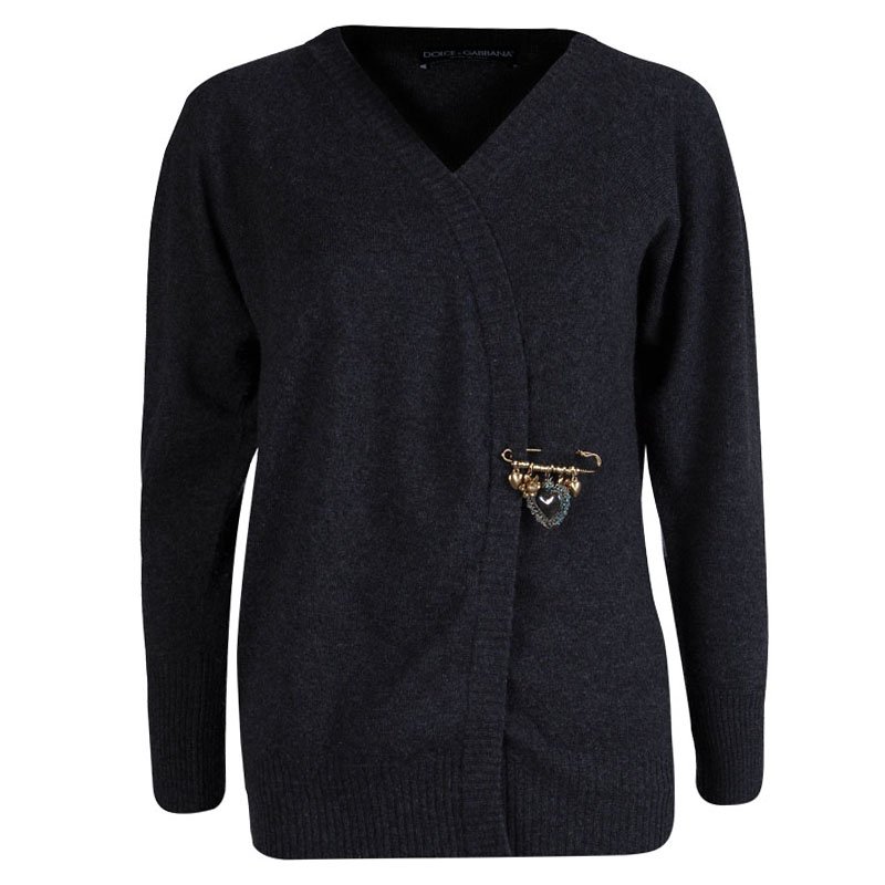 Pre Owned Dolce and Gabbana Grey Cashmere Crossover Cardigan M