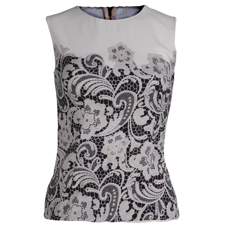 مملوكة مسبقًا Dolce and Gabbana Cream Lace Print Sleeveless Top S