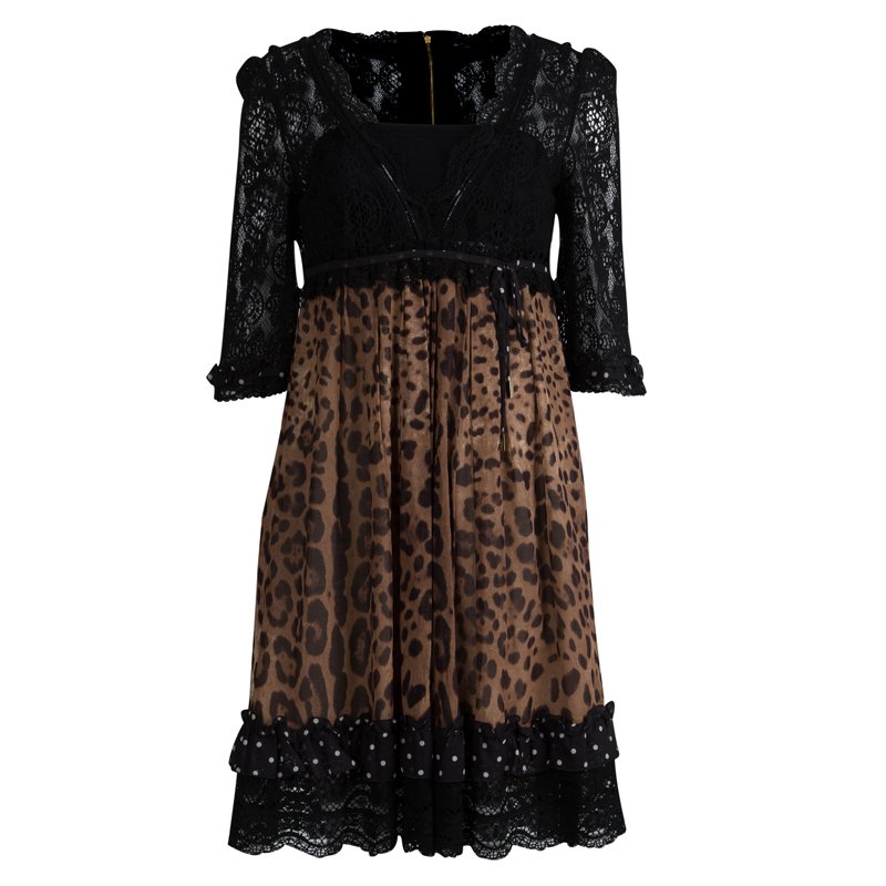 Pre Owned Dolce and Gabbana Black Lace and Leopard Print High Wiast A Line Dress M