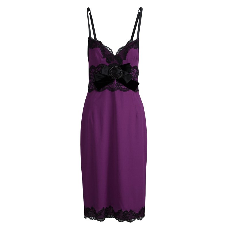 Dolce and Gabbana Purple Silk Lace Detail Slip Dress M Dolce