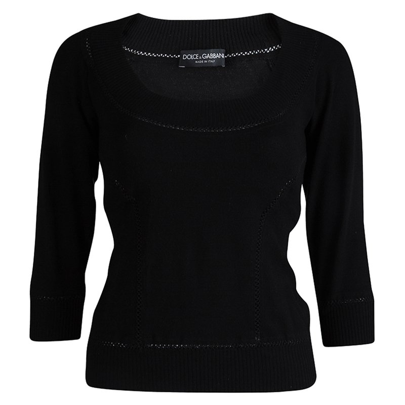 Pre Owned Dolce and Gabbana Black Knit Crochet Insert Scoop Neck Sweater M