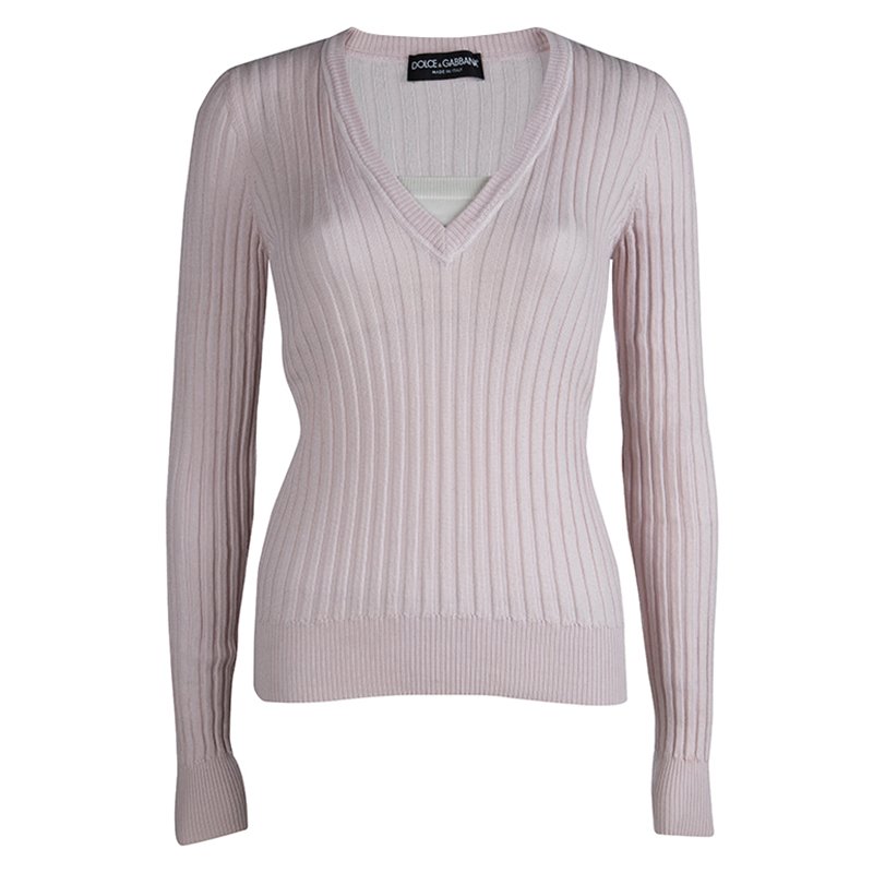 Pre Owned Dolce And Gabbana Pink Rib Knit V-Neck Sweater M