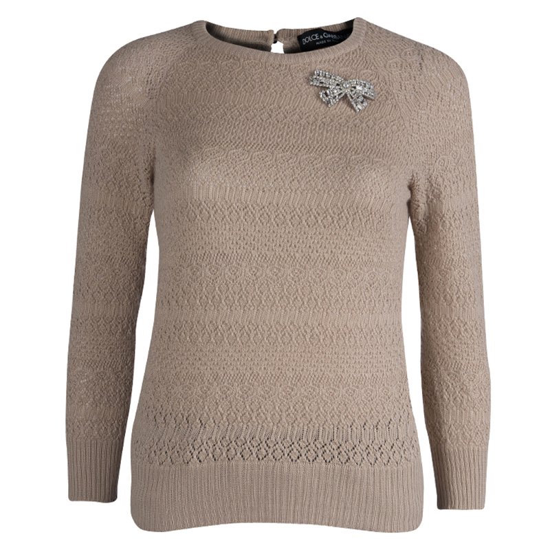 Pre Owned Dolce And Gabbana Beige Crochet Knit Sweater M