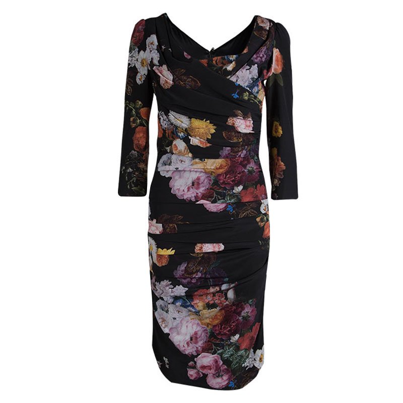 Pre Owned Dolce And Gabbana Black Silk Floral Print Draped Dress M